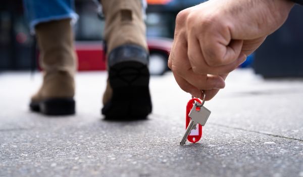 thief picking up dropped keys a